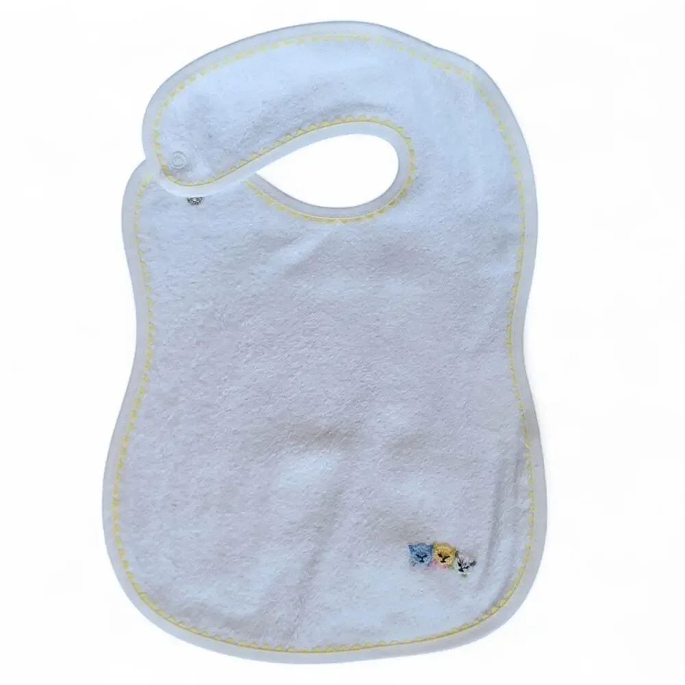 Embroidered Kitten Terry Cloth Baby Bib White Yellow Vintage Style NWT